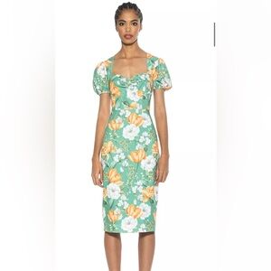 Alexia Admor Mint Green Floral Puff-Sleeve Midi Dress with Orange Blooms